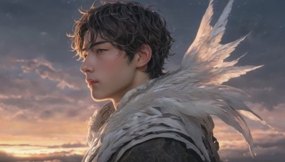 solo,short hair,bangs,black hair,1boy,closed mouth,upper body,male focus,outdoors,sky,cloud,black eyes,from side,lips,fur trim,profile,looking away,cloudy sky,feathers,messy hair,portrait,sunset,realistic,nose,looking afar,twilight,feather trim,sunrise,scarf,white scarf