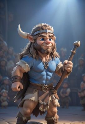 long hair,smile,blue eyes,brown hair,shirt,1boy,holding,animal ears,jewelry,closed mouth,standing,full body,weapon,short sleeves,male focus,boots,outdoors,multiple boys,horns,solo focus,pointy ears,belt,sword,artist name,necklace,holding weapon,blurry,muscular,depth of field,blurry background,headband,facial hair,thick eyebrows,blue shirt,pectorals,muscular male,clenched hand,child,bara,beard,furry,6+boys,mature male,furry male,male child,fur,loincloth,crowd,people,white hair,abs,spear,axe,hammer,chest hair,tusks