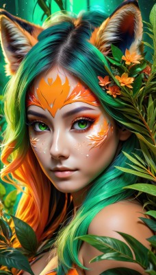 1girl,solo,long hair,breasts,looking at viewer,hair ornament,animal ears,bare shoulders,closed mouth,green eyes,upper body,flower,multicolored hair,green hair,artist name,cat ears,hair flower,orange hair,lips,animal ear fluff,fox ears,eyelashes,gradient hair,makeup,leaf,watermark,facial mark,plant,lipstick,slit pupils,portrait,nature,web address,eyeshadow,forest,freckles,nose,red lips,eyeliner,facepaint,orange flower,mascara,cleavage,light particles,close-up