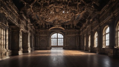 day,indoors,no humans,window,chair,sunlight,scenery,reflection,light rays,wooden floor,stairs,light,architecture,sunbeam,pillar,statue,ceiling,hallway,church,arch,reflective floor,chandelier,column,table,fantasy