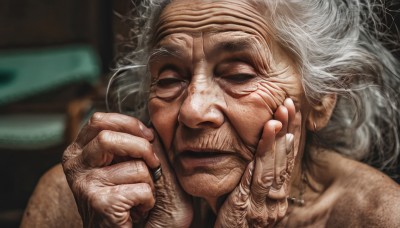 1girl,solo,looking at viewer,1boy,jewelry,white hair,grey hair,male focus,earrings,necklace,blurry,hands up,blurry background,ring,portrait,realistic,old,old man,old woman,wrinkled skin,long hair,tattoo,smoke,head rest,smoking