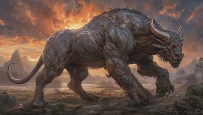 open mouth,red eyes,standing,tail,outdoors,horns,sky,teeth,cloud,no humans,glowing,animal,cloudy sky,fire,sharp teeth,scenery,claws,monster,mountain,fantasy,giant,molten rock,solo,fangs,rock