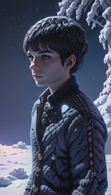 1girl,solo,looking at viewer,short hair,bangs,blue eyes,black hair,1boy,jewelry,closed mouth,jacket,upper body,male focus,earrings,outdoors,sky,black eyes,from side,tree,lips,coat,night,buttons,night sky,snow,snowing,realistic,nose,hands in pockets,winter clothes,stud earrings,winter,winter coat,necklace,androgynous,very short hair,leather