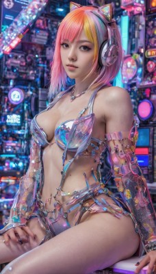 1girl,solo,breasts,looking at viewer,short hair,bangs,blonde hair,navel,animal ears,cleavage,bare shoulders,brown eyes,jewelry,medium breasts,sitting,swimsuit,pink hair,multicolored hair,parted lips,detached sleeves,cat ears,necklace,nail polish,mole,blurry,lips,see-through,fake animal ears,headphones,revealing clothes,mole on breast,realistic,animal ear headphones,cat ear headphones,cyberpunk,weapon,bikini,sword,armor,ring,science fiction,bikini armor,neon lights