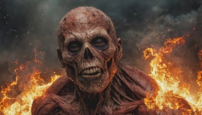 solo,looking at viewer,1boy,upper body,male focus,sky,teeth,fire,clenched teeth,portrait,smoke,realistic,bald,no pupils,embers,burning,black eyes