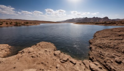 outdoors,sky,day,cloud,water,blue sky,no humans,bird,ocean,beach,nature,scenery,reflection,rock,mountain,sand,sun,horizon,river,landscape,shore,sunlight,cloudy sky,waves,desert