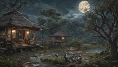 outdoors,sky,cloud,water,tree,no humans,night,bird,moon,cloudy sky,grass,building,star (sky),nature,night sky,scenery,full moon,forest,starry sky,lantern,rock,architecture,house,bridge,east asian architecture,river,moonlight,pond,black hair,sitting,multiple boys,animal,plant,crow,fireflies