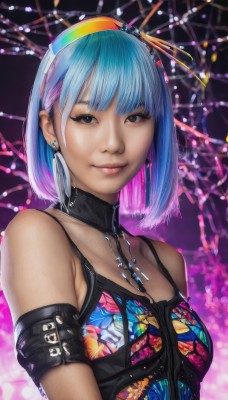 1girl,solo,breasts,looking at viewer,smile,short hair,bangs,bare shoulders,brown eyes,jewelry,medium breasts,closed mouth,blue hair,upper body,pink hair,multicolored hair,hairband,earrings,necklace,black eyes,two-tone hair,lips,gradient hair,bob cut,cross,armlet,freckles,realistic,nose,arm strap,hair ornament,collarbone,blunt bangs,collar,leather,strap,colorful