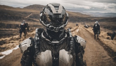 upper body,weapon,male focus,outdoors,multiple boys,solo focus,cloud,2boys,armor,blurry,uniform,gun,military,military uniform,depth of field,blurry background,3boys,helmet,robot,mecha,rifle,science fiction,realistic,multiple others,soldier,sky,1other,desert