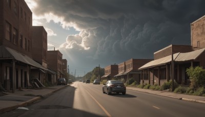 outdoors,sky,day,cloud,tree,blue sky,no humans,window,shadow,sunlight,cloudy sky,ground vehicle,building,scenery,motor vehicle,light rays,sign,fence,car,road,house,vehicle focus,power lines,lamppost,street,utility pole,road sign,city,bush