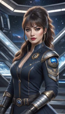 1girl,solo,long hair,breasts,looking at viewer,bangs,brown hair,gloves,cleavage,brown eyes,jewelry,medium breasts,upper body,earrings,parted lips,belt,artist name,signature,armor,lips,makeup,wavy hair,lipstick,gauntlets,star (sky),eyeshadow,science fiction,realistic,nose,red lips,eyeliner,space,planet,earth (planet),bodysuit,emblem,spacecraft