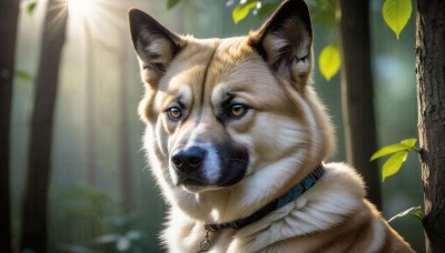 HQ,solo,brown eyes,outdoors,day,blurry,collar,tree,no humans,depth of field,blurry background,animal,leaf,sunlight,looking up,portrait,nature,forest,dog,light rays,realistic,animal focus,yellow eyes,choker,signature