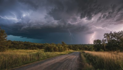 outdoors,sky,day,cloud,tree,no humans,cloudy sky,grass,nature,scenery,forest,electricity,road,power lines,lightning,landscape,path,ocean,horizon,field