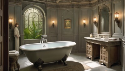 1girl,solo,short hair,brown hair,long sleeves,1boy,standing,male focus,indoors,book,window,table,bottle,plant,towel,scenery,reflection,robe,mirror,door,tiles,potted plant,light,lamp,candle,bath,tile floor,bathroom,wide shot,stool,bathtub,sink,candlestand,faucet,cabinet