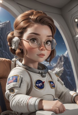 1girl,solo,looking at viewer,short hair,brown hair,brown eyes,jewelry,sitting,upper body,earrings,parted lips,sky,glasses,indoors,hair bun,lips,forehead,freckles,mountain,realistic,round eyewear,american flag,spacesuit,astronaut,thick eyebrows,genderswap,genderswap (mtf),nose,badge,dirty