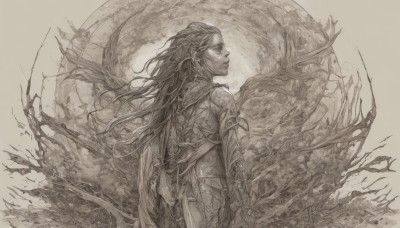 1girl,solo,long hair,jewelry,closed mouth,standing,monochrome,closed eyes,greyscale,cowboy shot,earrings,parted lips,pointy ears,cape,armor,from side,profile,floating hair,1boy,upper body,male focus,from behind,elf,brown theme