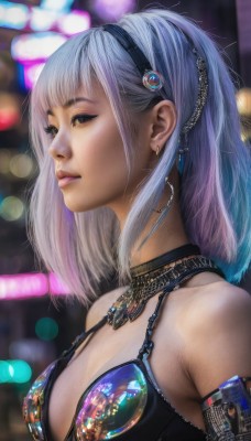 1girl,solo,long hair,breasts,bangs,large breasts,hair ornament,cleavage,bare shoulders,jewelry,medium breasts,blue hair,upper body,grey hair,multicolored hair,hairband,earrings,choker,medium hair,necklace,blurry,black eyes,lips,depth of field,blurry background,black hairband,realistic,nose,bokeh,blue eyes,artist name,signature,from side,eyelashes,profile,makeup,looking away,science fiction