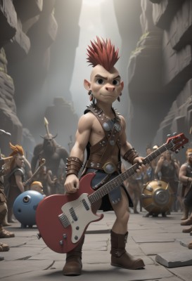 smile,1boy,holding,jewelry,standing,male focus,red hair,earrings,boots,multiple boys,horns,solo focus,pointy ears,belt,necklace,black eyes,bracelet,muscular,facial hair,brown footwear,sandals,spiked hair,instrument,6+boys,topless male,fantasy,music,guitar,bald,playing instrument,holding instrument,electric guitar,crowd,drum,stage,mohawk,drumsticks,looking at viewer,gloves,nipples,full body,weapon,sword,fingerless gloves,polearm,spear,male child,spotlight