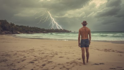 solo,black hair,1boy,hat,standing,male focus,outdoors,sky,shorts,barefoot,day,cloud,water,from behind,ocean,back,beach,sunglasses,cloudy sky,denim,scenery,baseball cap,walking,blue shorts,topless male,sand,arms at sides,electricity,facing away,male swimwear,waves,lightning,swim trunks,tree,horizon