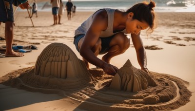 1girl,brown hair,shirt,black hair,1boy,closed mouth,white shirt,male focus,outdoors,multiple boys,shorts,barefoot,sleeveless,solo focus,day,dark skin,water,blurry,muscular,blurry background,ocean,beach,looking down,black shorts,sandals,squatting,dark-skinned male,tank top,child,blue shorts,realistic,sand,male child,white tank top,stick,sand sculpture,sand castle,short hair,holding,closed eyes,hair bun,bare arms,sleeveless shirt,depth of field,single hair bun,shell,topknot,seashell,people