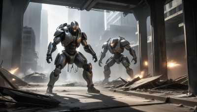 HQ,standing,weapon,outdoors,armor,gun,military,no humans,glowing,helmet,fire,robot,building,mecha,science fiction,city,realistic,ruins,damaged,open hands,power armor,debris,rubble,power suit,glowing eyes,military vehicle,battle,dust,destruction,super robot