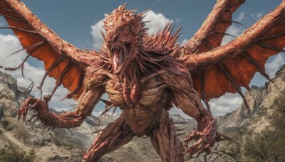 solo,open mouth,standing,tail,outdoors,wings,horns,sky,teeth,day,tongue,cloud,blue sky,no humans,muscular,sharp teeth,claws,spikes,monster,rock,dragon,scales,dragon wings,cloudy sky,scenery,mountain,ruins