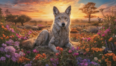 looking at viewer, flower, outdoors, sky, cloud, tree, no humans, animal, cloudy sky, grass, nature, scenery, sunset, purple flower, field, wolf, flower field, orange flower