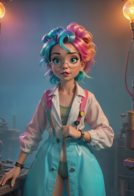 1girl,solo,looking at viewer,smile,short hair,blue eyes,skirt,shirt,long sleeves,jewelry,underwear,green eyes,blue hair,standing,collarbone,panties,white shirt,pink hair,red hair,multicolored hair,cowboy shot,earrings,parted lips,open clothes,glasses,teeth,puffy sleeves,collared shirt,artist name,indoors,dark skin,nail polish,bra,blurry,flat chest,bracelet,two-tone hair,dark-skinned female,lips,blue skirt,streaked hair,fingernails,eyelashes,open shirt,gradient hair,makeup,buttons,blurry background,ass visible through thighs,suspenders,lipstick,no pants,semi-rimless eyewear,pink nails,eyeshadow,personification,backlighting,freckles,contrapposto,under-rim eyewear,asymmetrical hair,nose,round eyewear,unbuttoned,wristwatch,lamp,overalls,rimless eyewear,badge,green panties,unbuttoned shirt,mascara,button badge,light bulb,aqua panties,green hair,pants,see-through,watch,high-waist pants