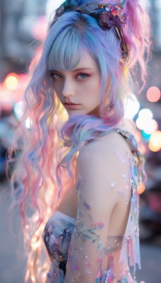 1girl,solo,long hair,breasts,looking at viewer,bangs,blue eyes,hair ornament,dress,bare shoulders,jewelry,medium breasts,closed mouth,blue hair,upper body,ponytail,pink hair,multicolored hair,earrings,small breasts,blurry,from side,lips,gradient hair,makeup,depth of field,blurry background,blue dress,eyeshadow,realistic,nose,flower,artist name,hair flower,blunt bangs,eyelashes,strapless,wavy hair,bokeh,mascara