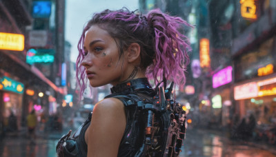 1girl, solo, breasts, blue eyes, bare shoulders, upper body, ponytail, pink hair, purple hair, multicolored hair, outdoors, sleeveless, blurry, lips, blurry background, piercing, backpack, freckles, science fiction, rain, realistic, nose, cyberpunk, neon lights