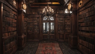 indoors,book,no humans,window,scenery,wooden floor,stairs,door,clock,bookshelf,candle,architecture,library,carpet,arch,candlestand,chandelier,voile,chain,chair,table,sunlight,light rays