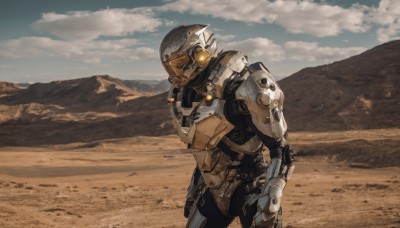 solo,1boy,standing,weapon,male focus,outdoors,sky,day,cloud,armor,from side,gun,no humans,helmet,cloudy sky,robot,mecha,science fiction,mountain,realistic,looking ahead,mountainous horizon,power armor,desert,humanoid robot,cowboy shot,blue sky,glowing,cyborg