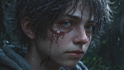 solo,looking at viewer,short hair,bangs,blue eyes,black hair,1boy,closed mouth,male focus,outdoors,signature,blurry,lips,wet,grey eyes,eyelashes,blood,blurry background,messy hair,portrait,close-up,rain,injury,water drop,blood on face,realistic,nose,wet hair,black eyes,depth of field