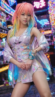 1girl,solo,long hair,breasts,looking at viewer,bangs,blonde hair,dress,bare shoulders,jewelry,medium breasts,closed mouth,blue hair,standing,jacket,pink hair,multicolored hair,cowboy shot,earrings,sleeveless,dark skin,off shoulder,black eyes,bracelet,dark-skinned female,lips,see-through,gradient hair,short dress,piercing,realistic,neon lights,cleavage,swimsuit,bikini,wet