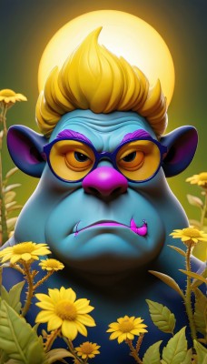 solo,looking at viewer,blonde hair,1boy,closed mouth,upper body,flower,male focus,glasses,colored skin,fangs,moon,sunglasses,plant,portrait,full moon,yellow flower,blue skin,sunflower,furry male,fangs out,animal ears,artist name,no humans,leaf,colored sclera,purple skin,yellow sclera