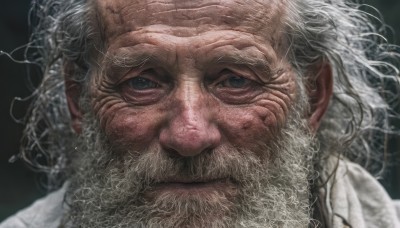 solo,looking at viewer,blue eyes,simple background,1boy,closed mouth,white hair,grey hair,male focus,blurry,grey eyes,facial hair,messy hair,portrait,beard,close-up,realistic,mustache,old,old man,wrinkled skin,curly hair,manly