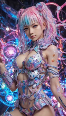 1girl,solo,long hair,breasts,looking at viewer,bangs,blue eyes,large breasts,hair ornament,navel,cleavage,twintails,medium breasts,blue hair,pink hair,multicolored hair,two-tone hair,lips,revealing clothes,science fiction,realistic,thighhighs,nail polish,watermark,piercing,web address,navel piercing