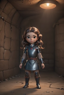 1girl,solo,long hair,looking at viewer,brown hair,brown eyes,closed mouth,standing,full body,boots,belt,indoors,armor,black eyes,lips,wavy hair,thick eyebrows,aged down,shoulder armor,child,curly hair,breastplate,vambraces,female child,armored boots,knee pads,greaves,weapon,artist name,forehead,arms at sides