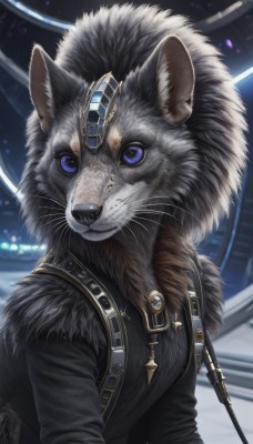 solo,looking at viewer,blue eyes,long sleeves,jewelry,closed mouth,upper body,signature,blurry,black jacket,no humans,animal,gem,furry,animal focus,whiskers,clothed animal,cat,fur collar,realistic,grey fur