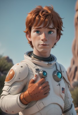 solo,looking at viewer,short hair,blue eyes,brown hair,gloves,1boy,closed mouth,upper body,male focus,outdoors,sky,day,orange hair,armor,blurry,blue sky,lips,blood,blurry background,freckles,science fiction,realistic,nose,helmet removed,spacesuit,astronaut,bodysuit,pilot suit,dirty