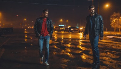 short hair,brown hair,shirt,black hair,jacket,male focus,outdoors,multiple boys,open clothes,shoes,pants,2boys,open jacket,black jacket,night,facial hair,sunglasses,crossover,denim,red shirt,sneakers,beard,walking,jeans,city,realistic,hands in pockets,road,leather,lamppost,street,leather jacket,blurry,motor vehicle,retro artstyle,car,very short hair,photo background,lights