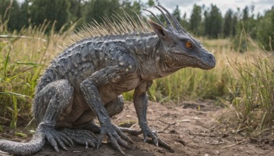 solo,open mouth,tail,outdoors,horns,teeth,day,blurry,tree,orange eyes,no humans,blurry background,sharp teeth,nature,claws,forest,monster,realistic,scales,dinosaur,sky,grass,kaijuu