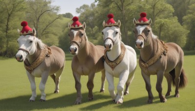 standing,outdoors,day,tree,no humans,animal,grass,crown,nature,scenery,red headwear,forest,animal focus,horse,hat,sky,elephant,goat