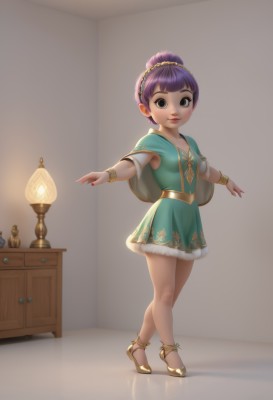 1girl,solo,looking at viewer,smile,short hair,simple background,white background,dress,jewelry,standing,full body,purple hair,indoors,hair bun,black eyes,bracelet,capelet,sandals,outstretched arms,child,realistic,lamp,tiptoes,breasts,shoes,pussy,cape,nail polish,fur trim,watermark,single hair bun,red nails,web address,green dress