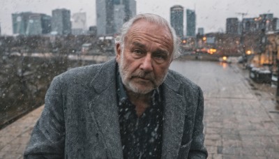 solo,looking at viewer,shirt,1boy,closed mouth,jacket,upper body,white hair,male focus,outdoors,collared shirt,blurry,black shirt,blurry background,facial hair,parody,formal,suit,ground vehicle,building,motor vehicle,beard,snow,meme,snowing,city,realistic,grey jacket,mustache,car,bald,manly,old,old man,photo background,blue eyes,grey hair,day,black jacket,grey eyes,depth of field,road,grey sky,wrinkled skin