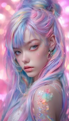 1girl,solo,long hair,looking at viewer,bangs,blue eyes,bare shoulders,jewelry,closed mouth,blue hair,upper body,pink hair,multicolored hair,earrings,hair bun,blurry,from side,two-tone hair,lips,streaked hair,looking to the side,grey eyes,eyelashes,tattoo,makeup,facial mark,portrait,eyeshadow,hoop earrings,realistic,nose,eyeliner,mascara,artist name,necklace,gradient hair,depth of field,watermark,pink background,lens flare,pink lips,bokeh