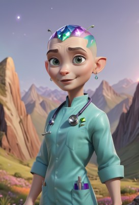 solo,looking at viewer,smile,short hair,1boy,jewelry,green eyes,upper body,flower,male focus,earrings,outdoors,sky,pointy ears,blurry,blurry background,gem,sleeves rolled up,freckles,pocket,mountain,male child,very short hair,badge,stethoscope,doctor,open mouth,teeth,artist name,thick eyebrows,antennae,bald,syringe