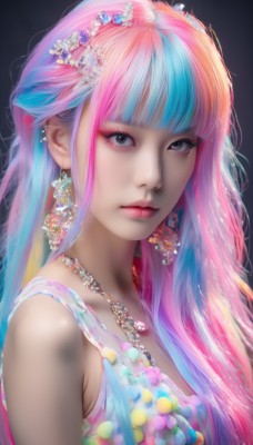 1girl,solo,long hair,breasts,looking at viewer,bangs,simple background,hair ornament,dress,bare shoulders,jewelry,medium breasts,closed mouth,blue hair,upper body,pink hair,flower,multicolored hair,earrings,sleeveless,hair flower,blunt bangs,necklace,black eyes,from side,two-tone hair,lips,streaked hair,gradient,grey eyes,gradient background,eyelashes,aqua hair,makeup,lipstick,black background,gem,eyeshadow,realistic,nose,eyeliner,mascara,rainbow hair,artist name,watermark,expressionless,piercing,ear piercing,multicolored clothes,pink lips,colorful,pearl (gemstone)