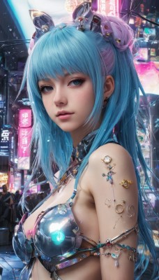 1girl,long hair,breasts,looking at viewer,bangs,blue eyes,hair ornament,cleavage,bare shoulders,twintails,jewelry,medium breasts,blue hair,swimsuit,upper body,pink hair,bikini,multicolored hair,earrings,outdoors,parted lips,solo focus,aqua eyes,lips,aqua hair,piercing,bikini top only,armlet,freckles,science fiction,city,realistic,nose,bikini armor,cyberpunk,solo,closed mouth,choker,artist name,signature,necklace,armor,from side,eyelashes,tattoo,makeup,night,glowing,building,gem,rain,pink lips,neon lights