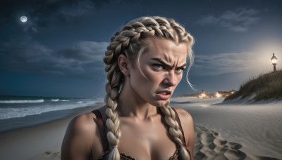 1girl,solo,long hair,breasts,looking at viewer,blue eyes,blonde hair,cleavage,bare shoulders,jewelry,medium breasts,underwear,collarbone,upper body,braid,earrings,outdoors,parted lips,sky,teeth,cloud,water,bra,twin braids,lips,night,ocean,beach,moon,black bra,star (sky),night sky,hair over shoulder,full moon,starry sky,realistic,nose,sand,lamppost,lighthouse,makeup,scar,piercing,lipstick,angry,dirty,mascara